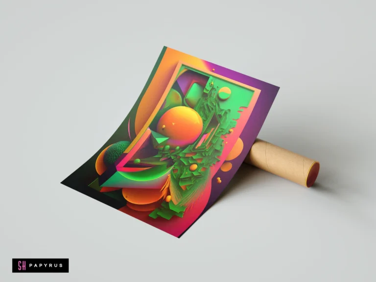 Vibrant 3D abstract art with layered geometric shapes in bold green, orange, and purple.