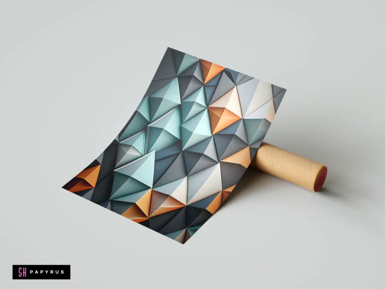 Abstract 3D geometric mosaic featuring teal, blue, and orange faceted triangles with modern depth.