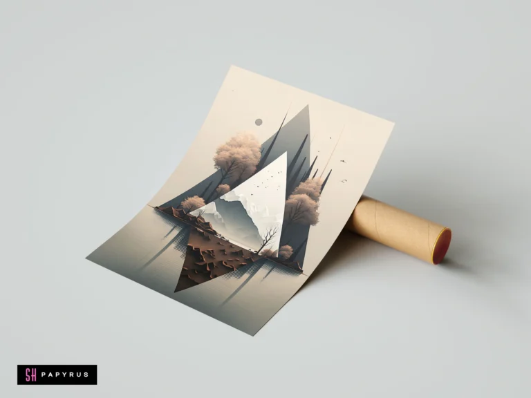 Minimalist geometric abstract landscape with mountains and trees in muted peach and earth tones.