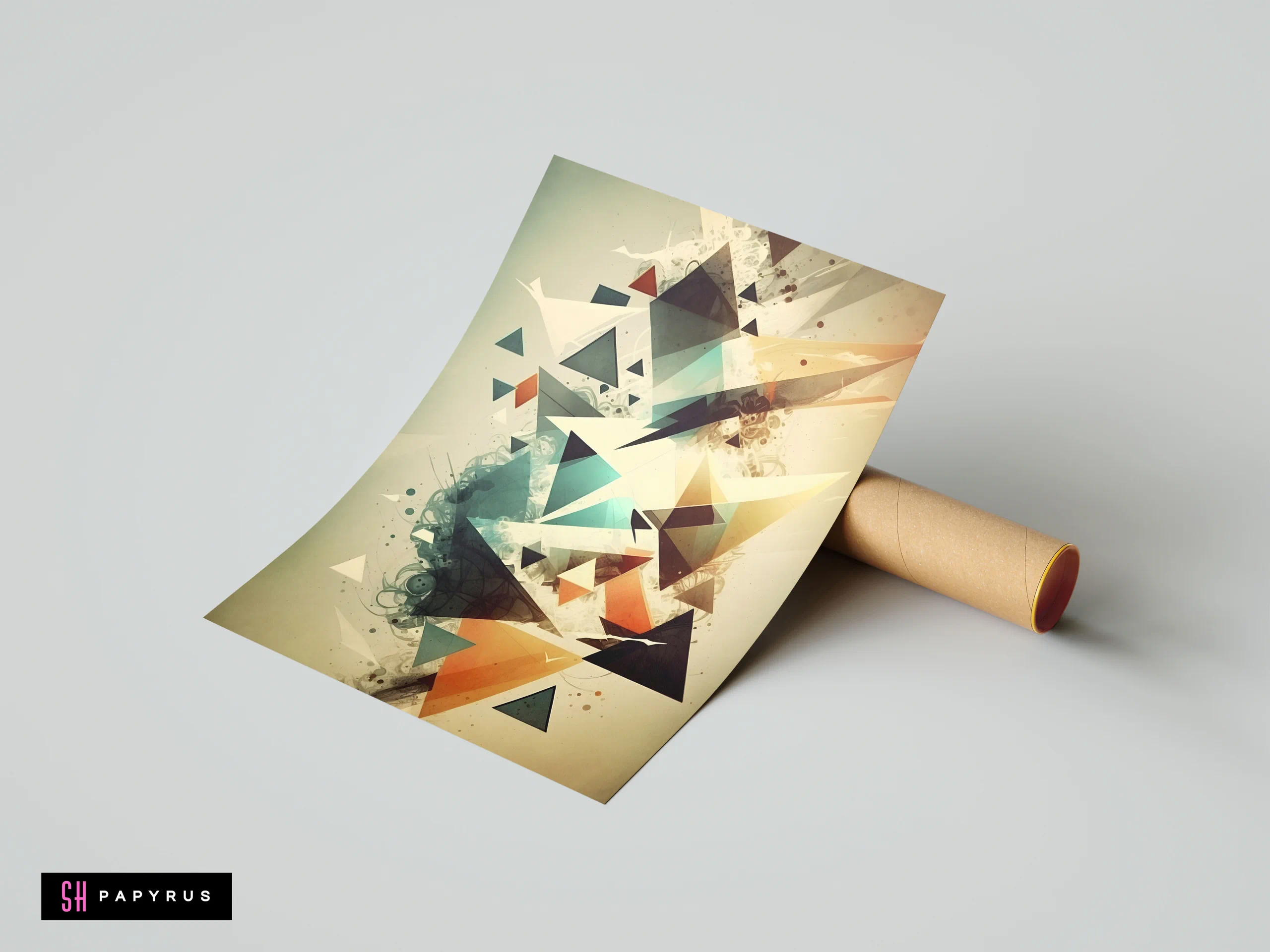 Chaotic shattered 3D geometric triangles featuring teal and orange tones in an abstract digital composition.