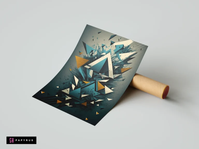 Shattered 3D geometric abstract art featuring dynamic dark teal and gold exploding triangles.