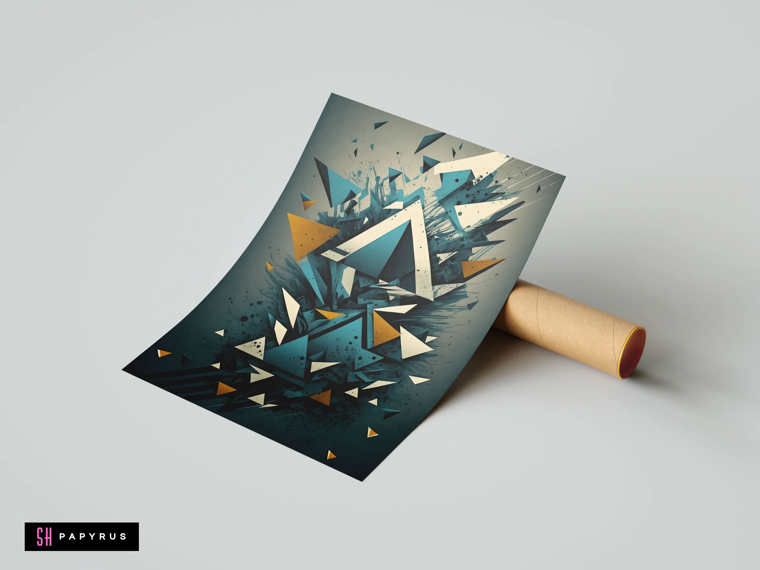 Shattered 3D geometric abstract art featuring dynamic dark teal and gold exploding triangles.