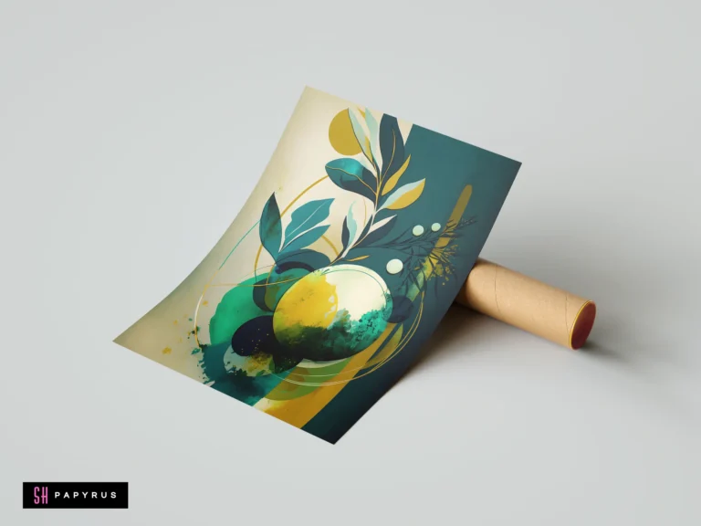 Abstract 3D botanical print featuring teal leaves, mustard yellow circles, and elegant gold accents.