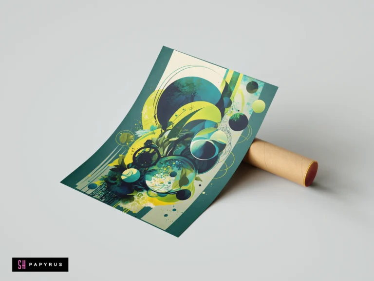 Vibrant 3D abstract art with layered green and yellow organic circles and geometric spheres.