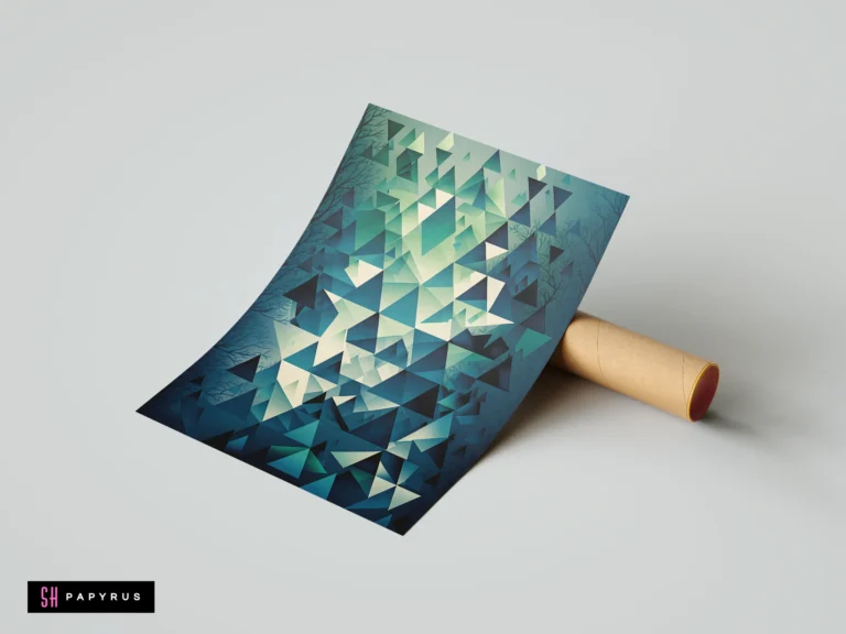 Abstract 3D geometric art with cascading cool blue and teal triangles and gradient lighting.