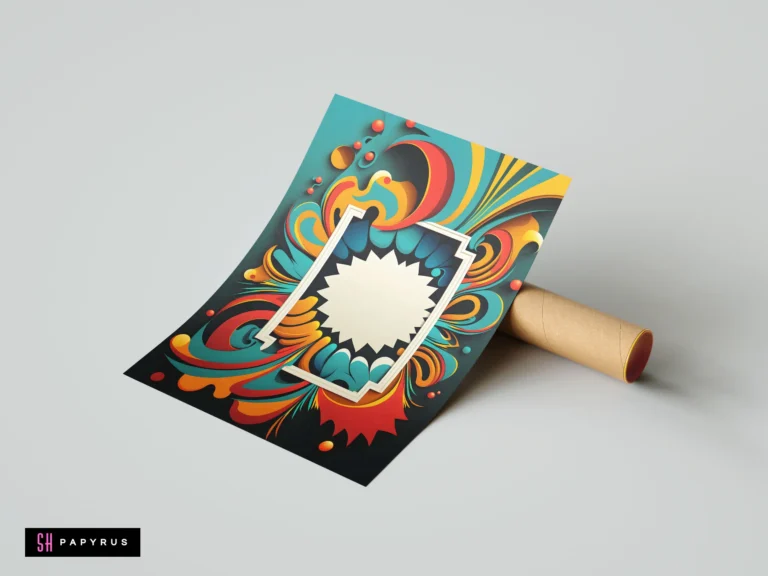 Vibrant teal and orange abstract swirls frame a central jagged 3D white space.