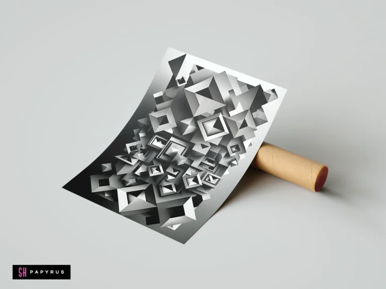 Monochrome abstract print featuring 3D geometric cubes and squares with sleek black and white gradients.