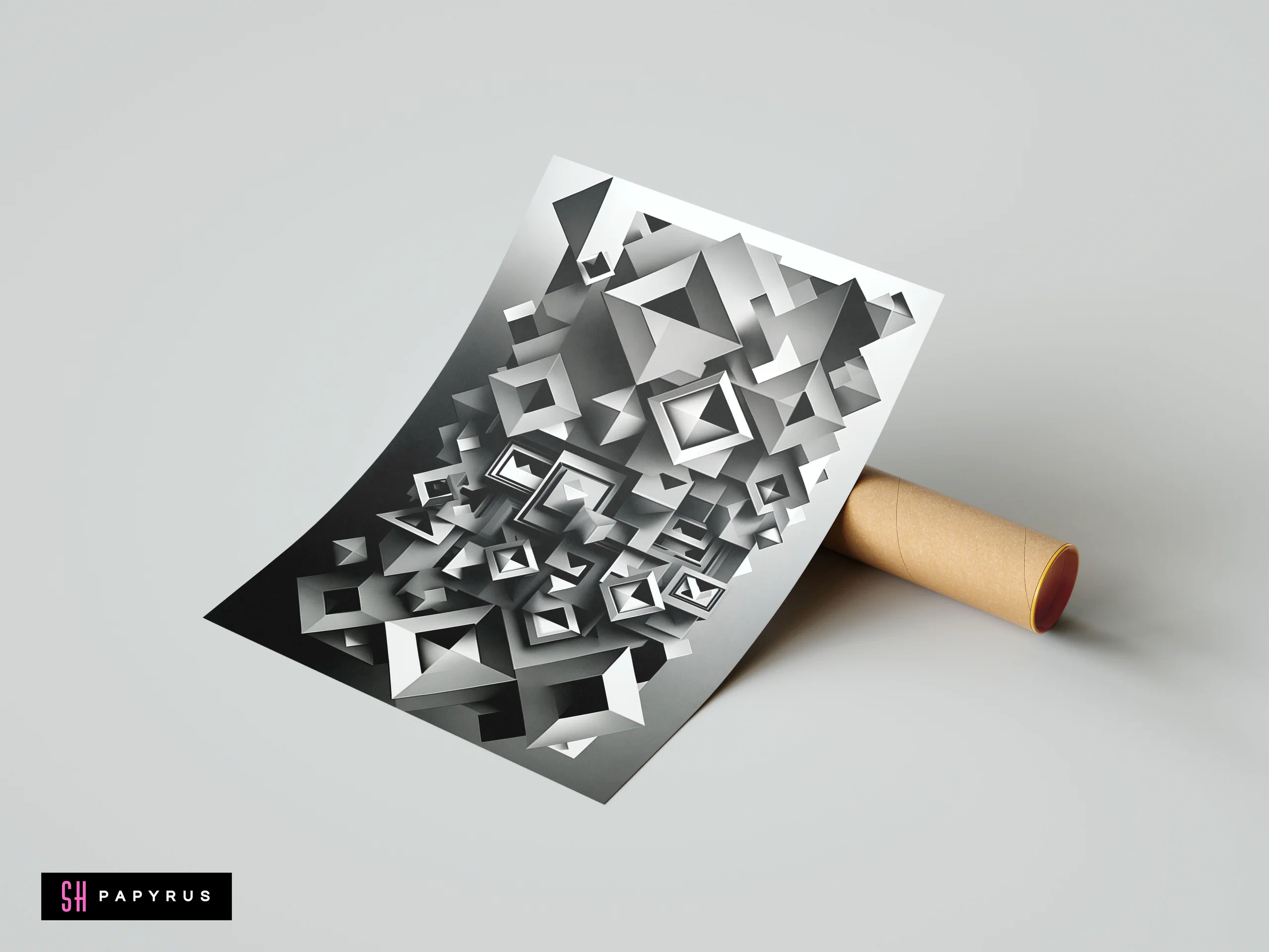 Monochrome abstract print featuring 3D geometric cubes and squares with sleek black and white gradients.