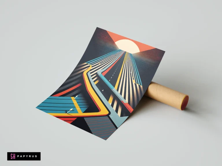 Vibrant retro-futuristic abstract print featuring geometric winding highways leading toward a stylized sunset.