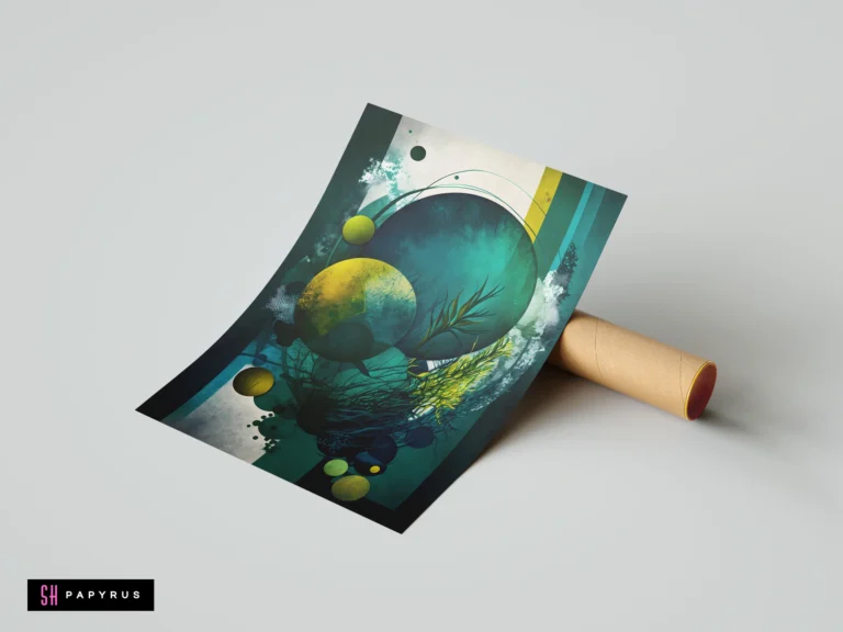Abstract 3D deep-sea artwork featuring teal spheres, yellow accents, and layered kelp-like organic forms.