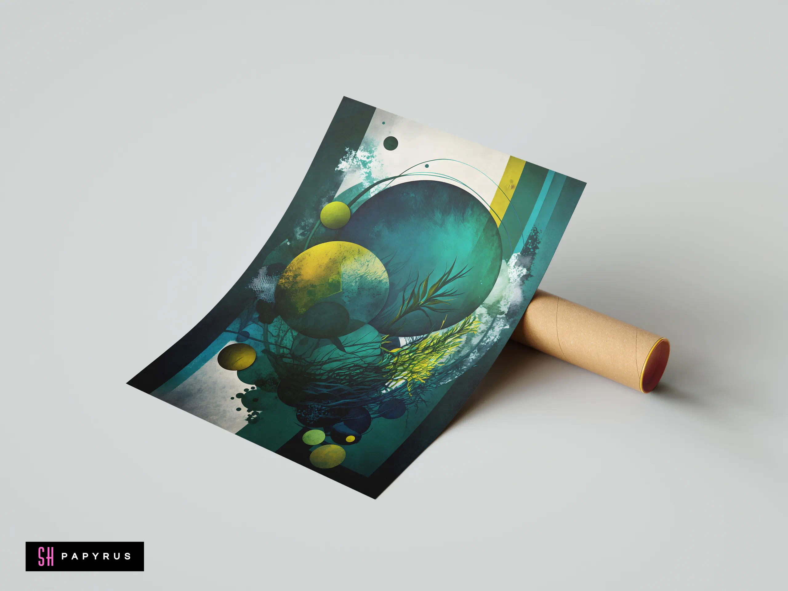 Abstract 3D deep-sea artwork featuring teal spheres, yellow accents, and layered kelp-like organic forms.