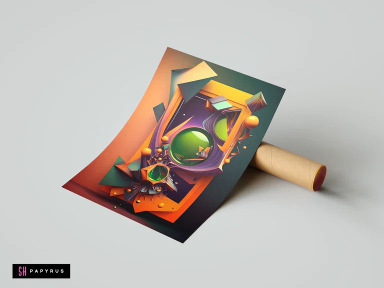 Futuristic 3D mechanical abstract with vibrant orange, green, and purple geometric shapes and spheres.