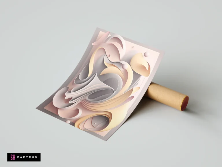 3D paper-cut abstract artwork featuring layered fluid curves in soft pastel peach and beige.