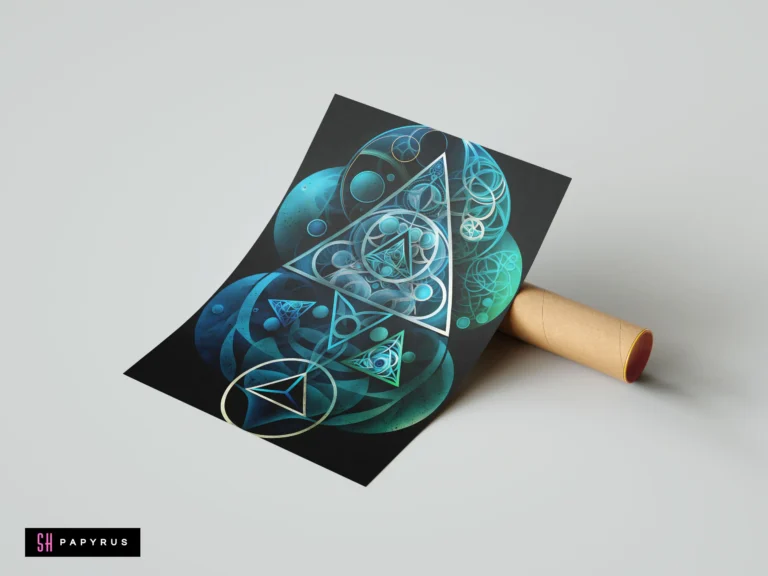 Mystical 3D abstract artwork featuring intricate blue and teal geometric triangles and glowing circles.