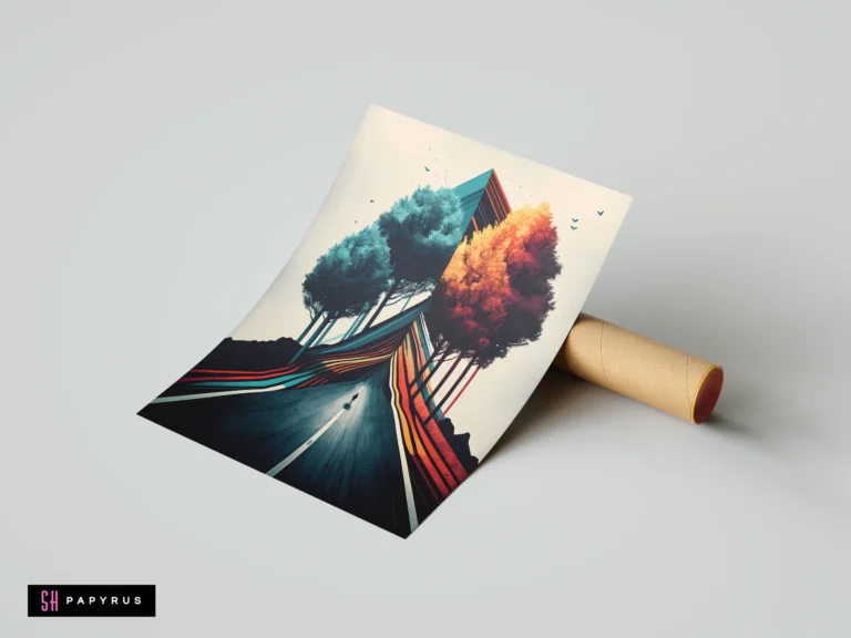 Vibrant abstract 3D landscape with split-season teal and orange trees along a geometric road.