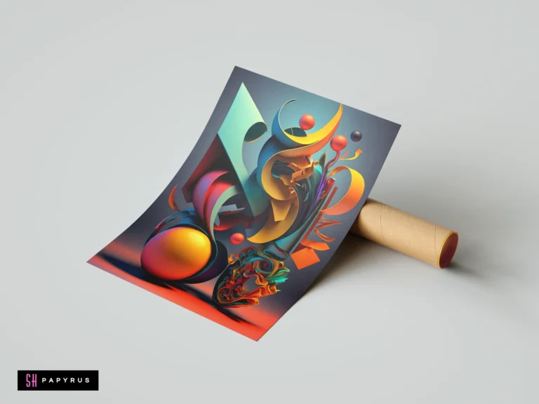 Vibrant 3D abstract print featuring colorful twisted ribbons and spheres in a dynamic composition.