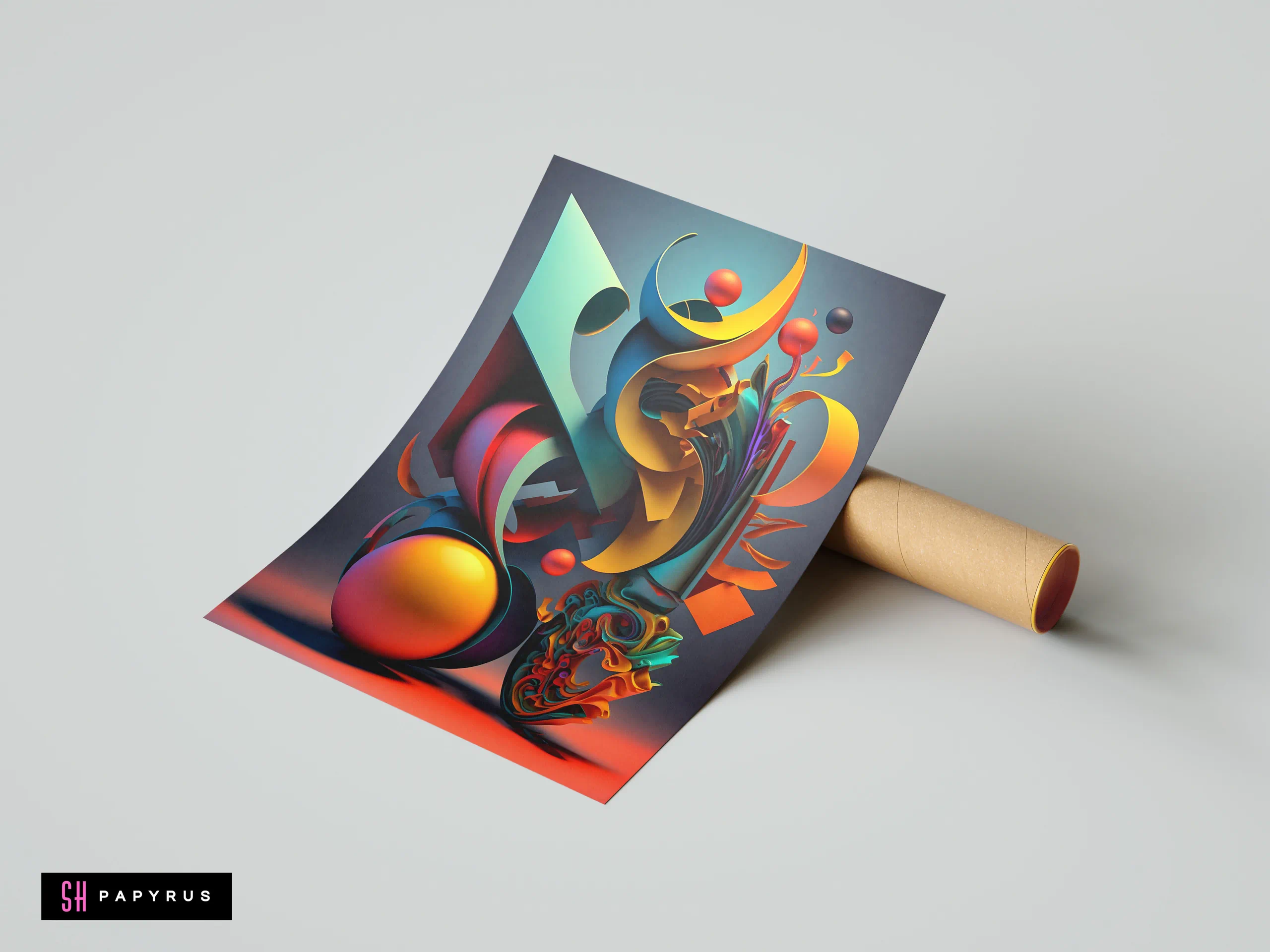 Vibrant 3D abstract print featuring colorful twisted ribbons and spheres in a dynamic composition.