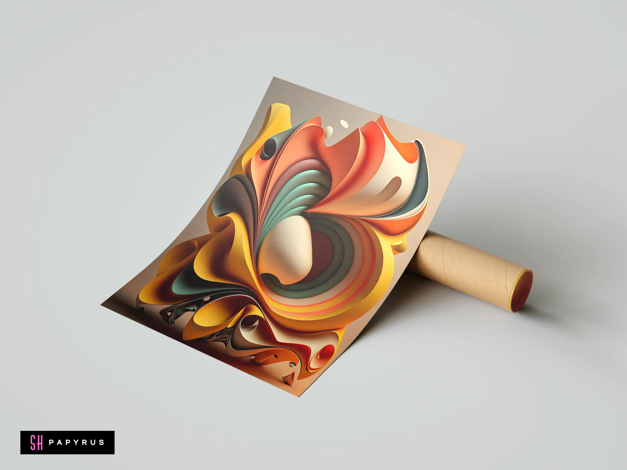 Fluid 3D layered abstract art featuring vibrant yellow and orange organic swirling shapes.