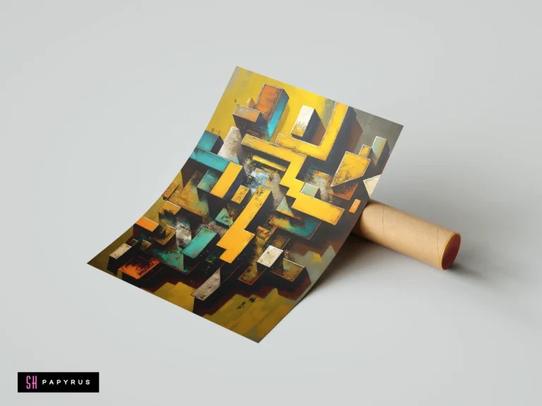 Abstract top-down architectural painting of textured 3D geometric blocks in yellow and teal.