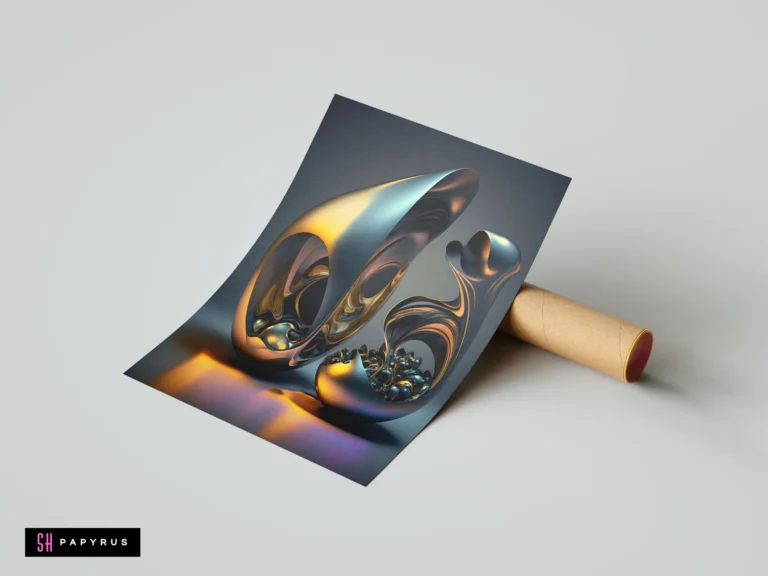 Iridescent 3D abstract liquid metal structure with spheres in shimmering gold and blue tones.