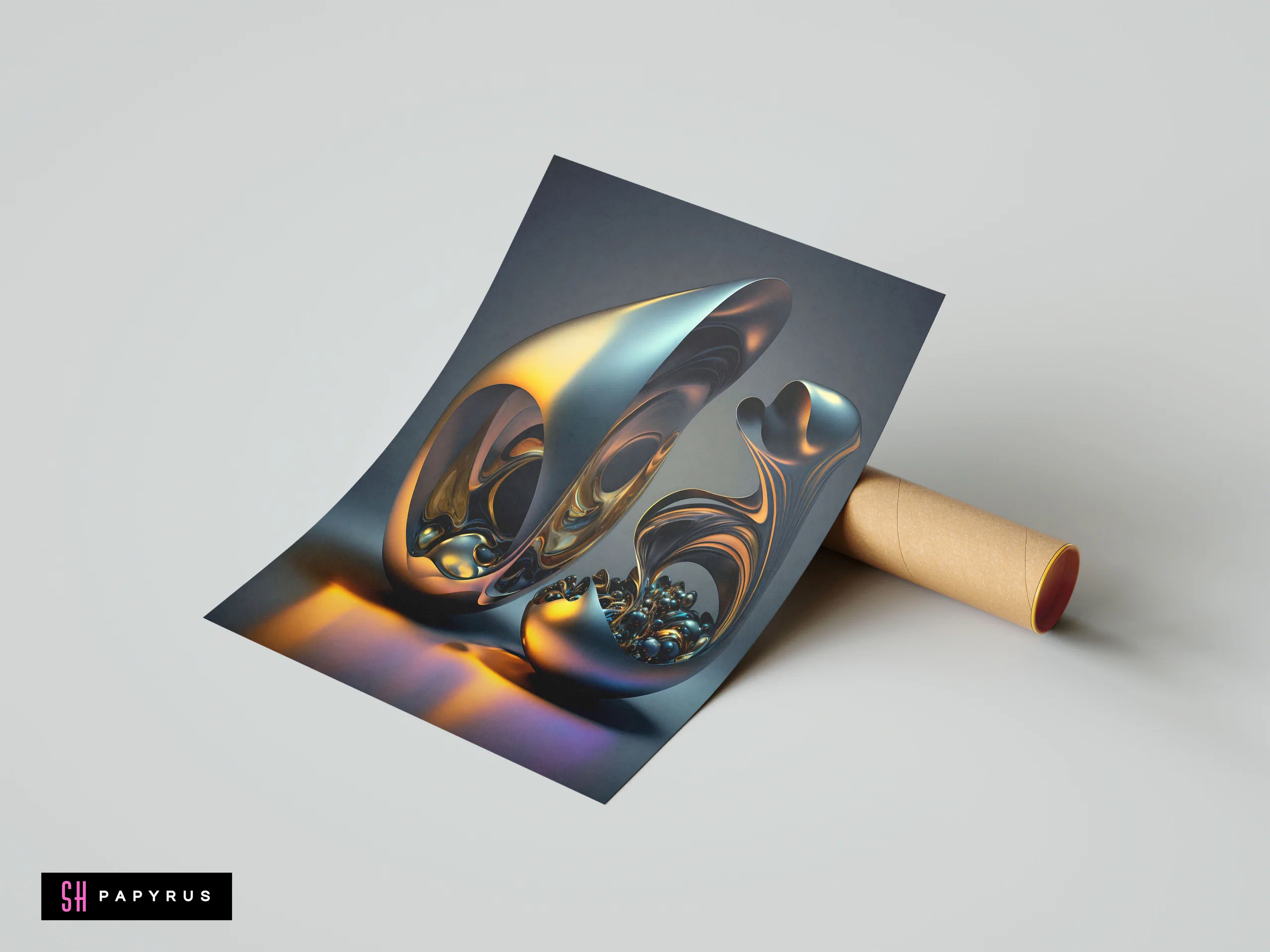 Iridescent 3D abstract liquid metal structure with spheres in shimmering gold and blue tones.