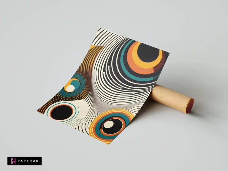 Retro pop art abstract featuring 3D concentric circles and swirling lines in earth tones.