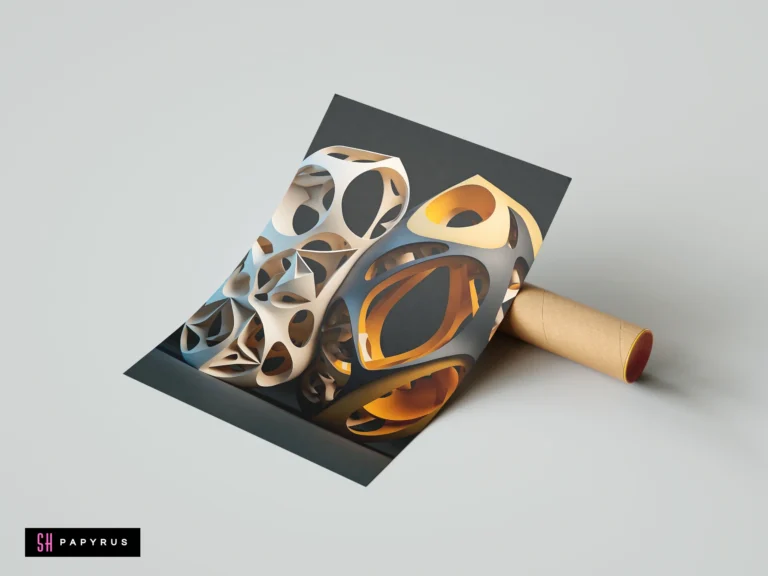 Modern abstract 3D print featuring organic porous bone structures in elegant gold and cream.