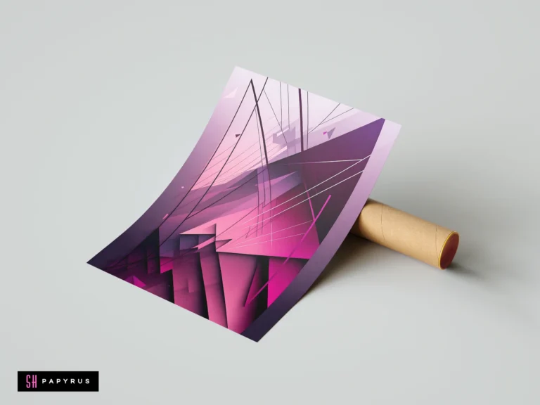 Abstract 3D geometric art with sharp angular pink and purple facets and complex linear elements.