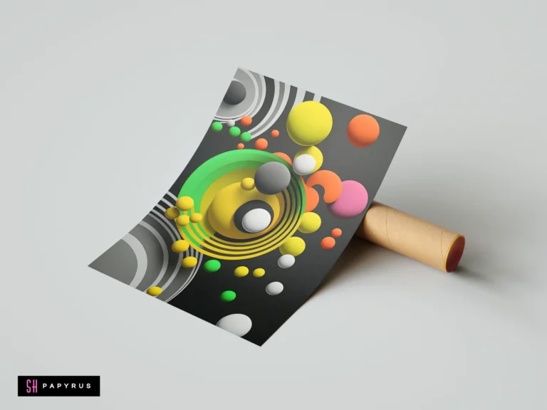 Vibrant 3D abstract composition featuring bright yellow and green spheres with concentric circular patterns.