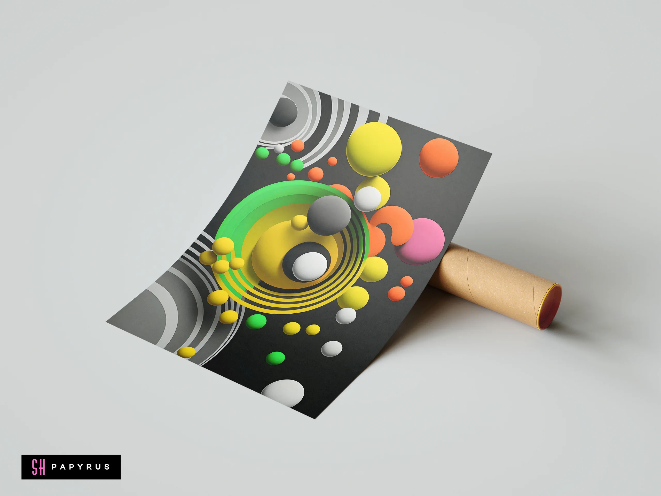 Vibrant 3D abstract composition featuring bright yellow and green spheres with concentric circular patterns.