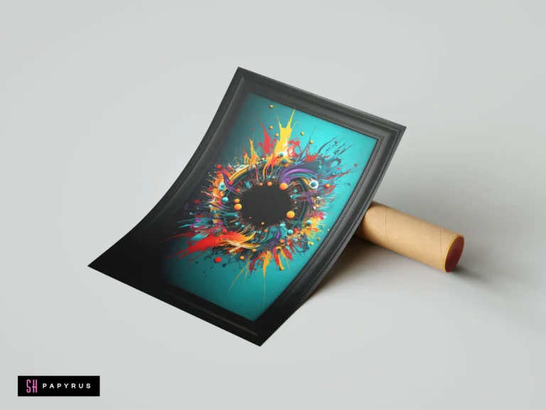 Vibrant 3D multi-colored paint explosion portal on teal background, showcased in a black frame.