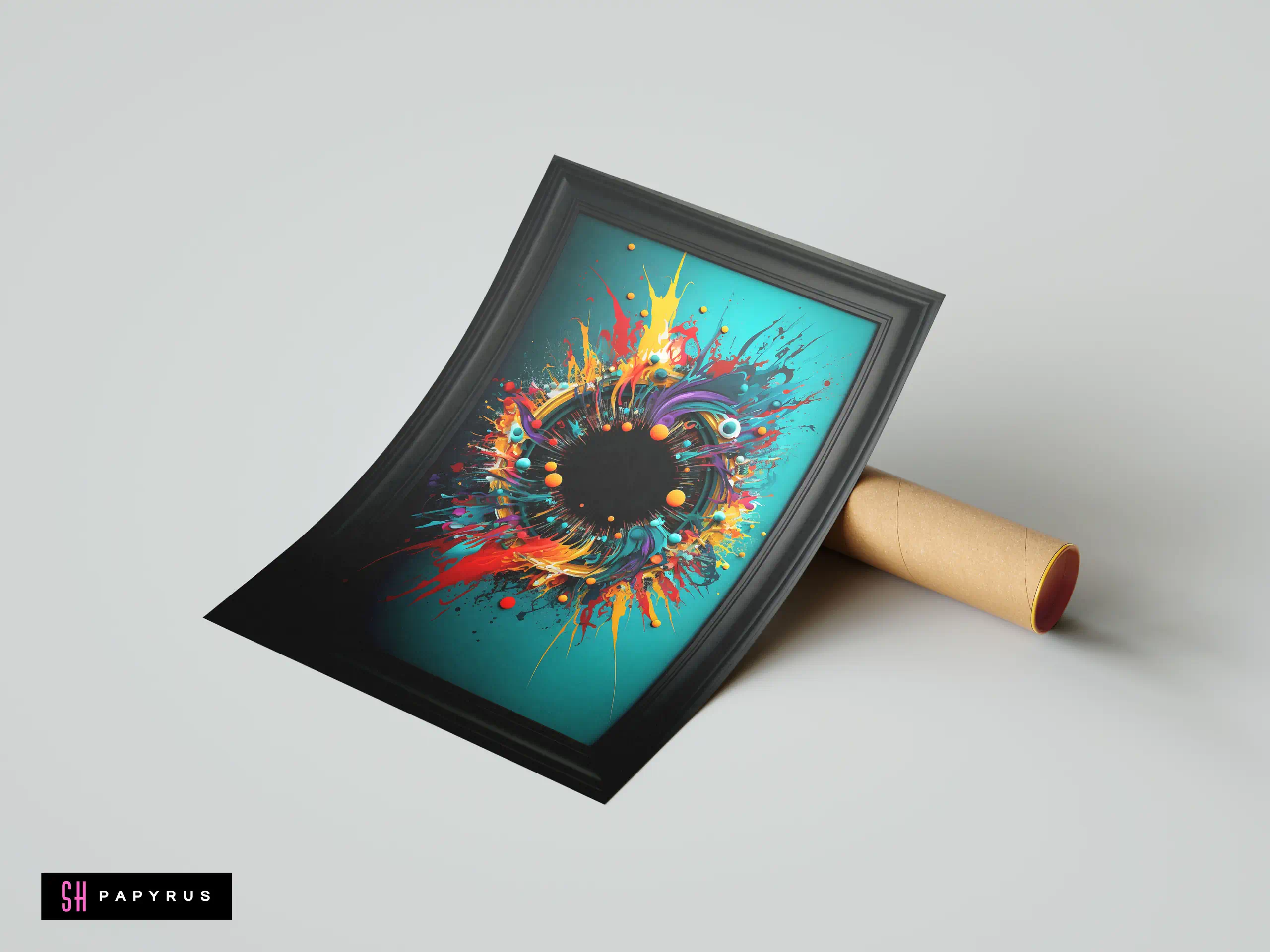 Vibrant 3D multi-colored paint explosion portal on teal background, showcased in a black frame.