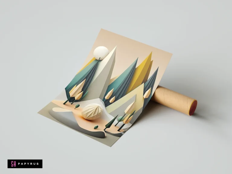 Minimalist geometric landscape featuring low poly mountains and trees in teal and earth tones.