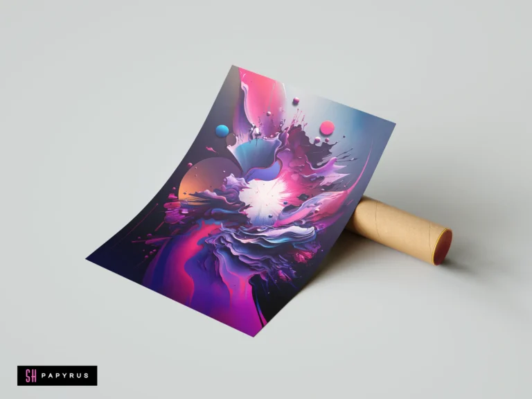 Vibrant 3D cosmic fluid splash with swirling pink and purple shapes in abstract digital style.