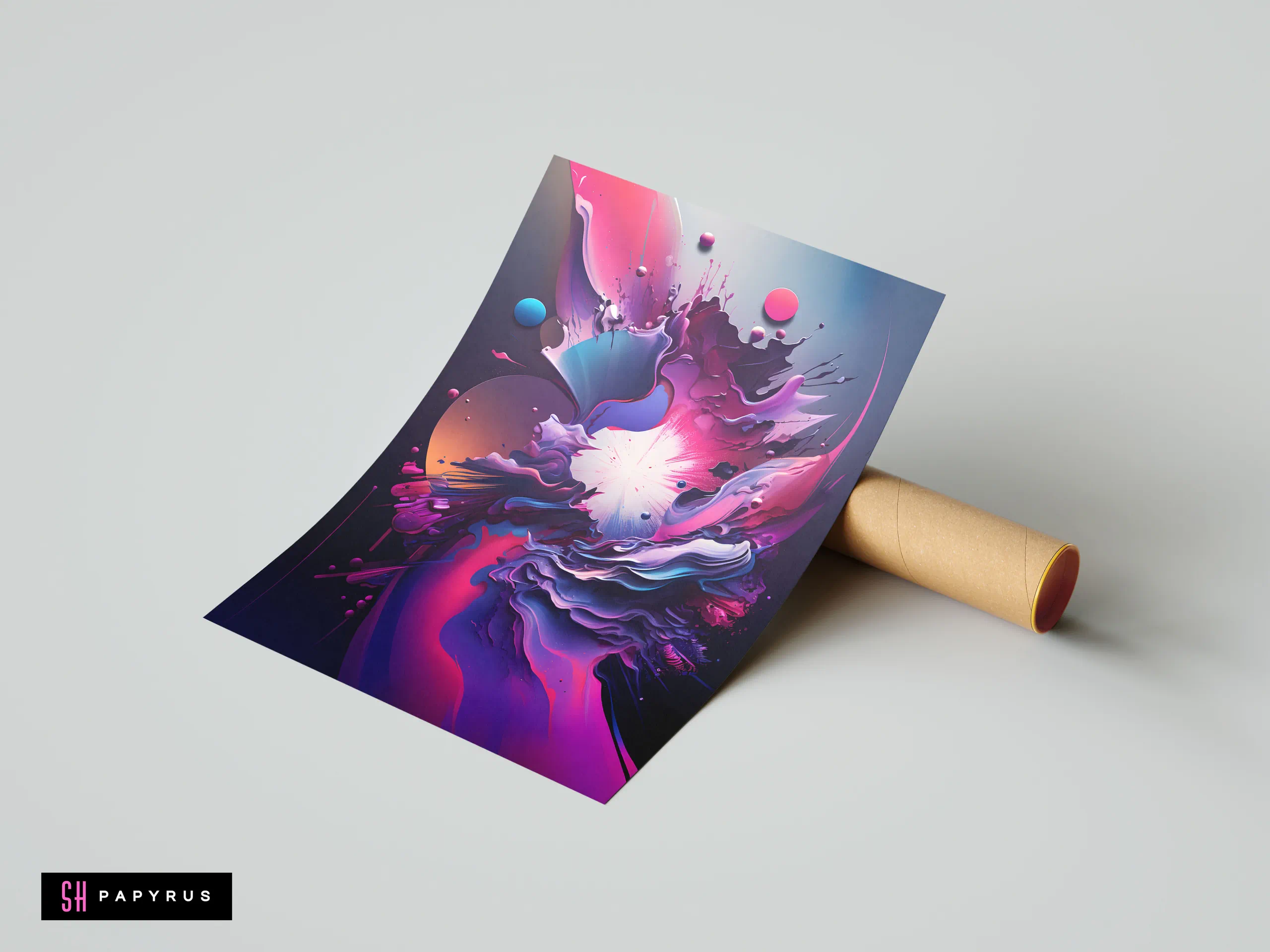 Vibrant 3D cosmic fluid splash with swirling pink and purple shapes in abstract digital style.