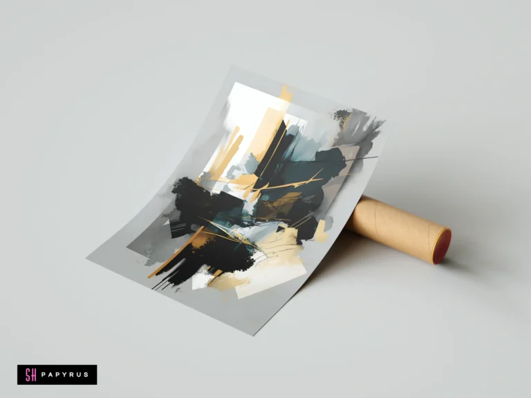 Modern abstract print with bold black and gold textured 3D brush strokes on gray.