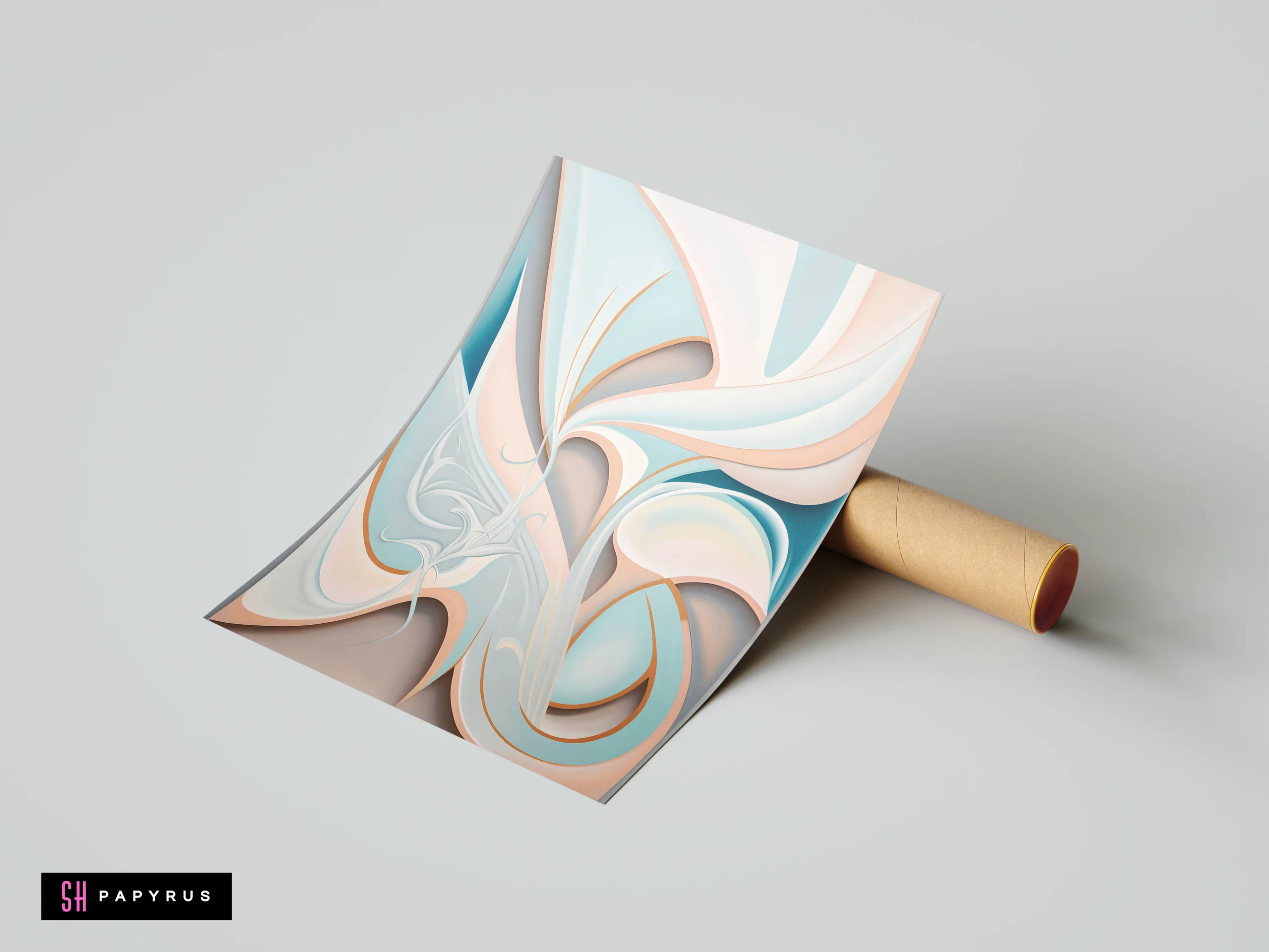 Elegant 3D abstract waves and flowing curves in soft pastel blue and peach tones.