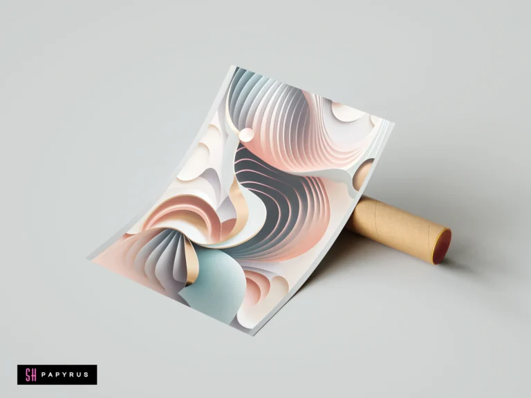 Abstract 3D layered paper art print featuring fluid curves in a muted pastel palette.