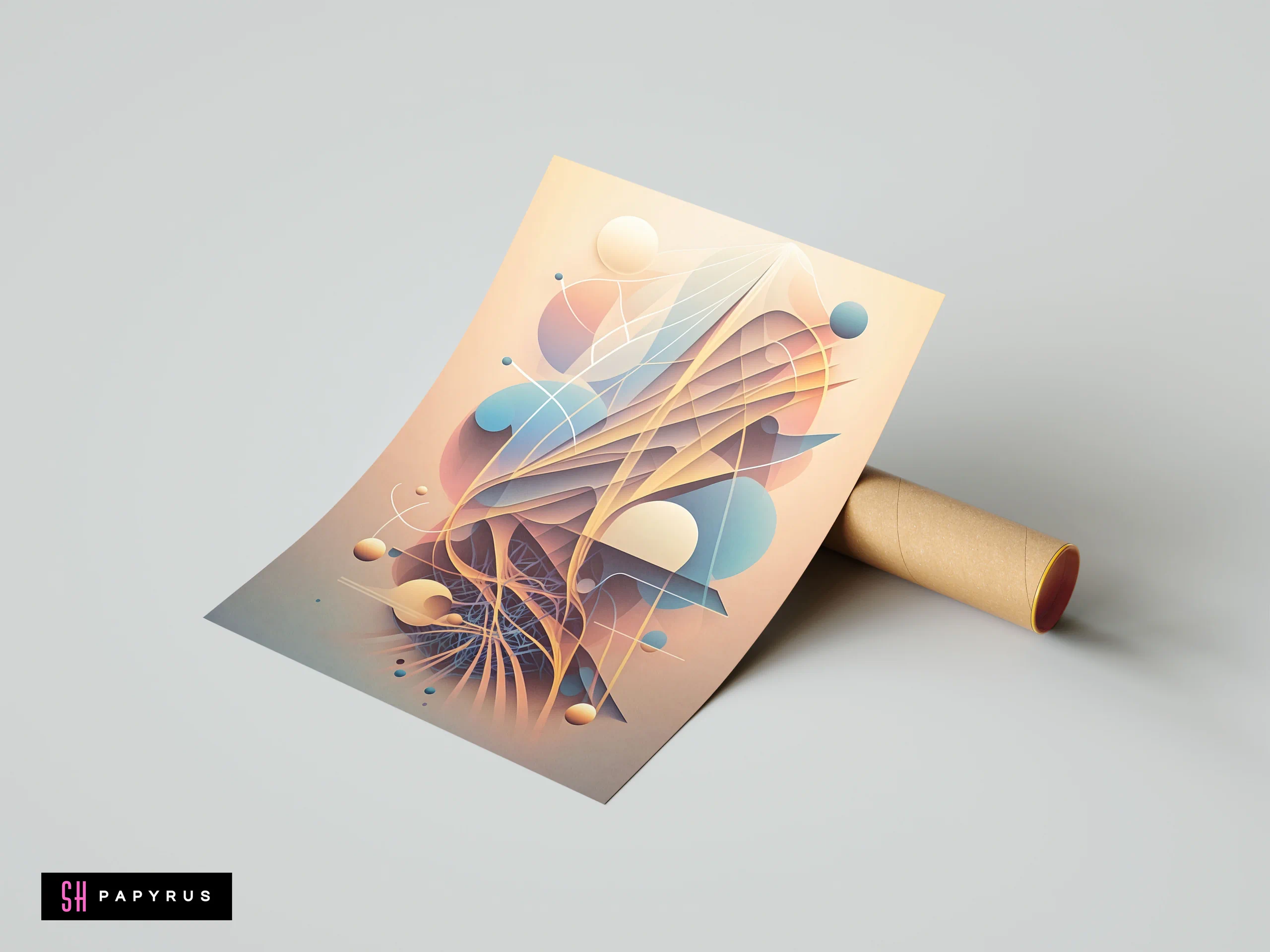 Modern abstract 3D composition featuring soft pastel spheres and an intricate network of flowing lines.