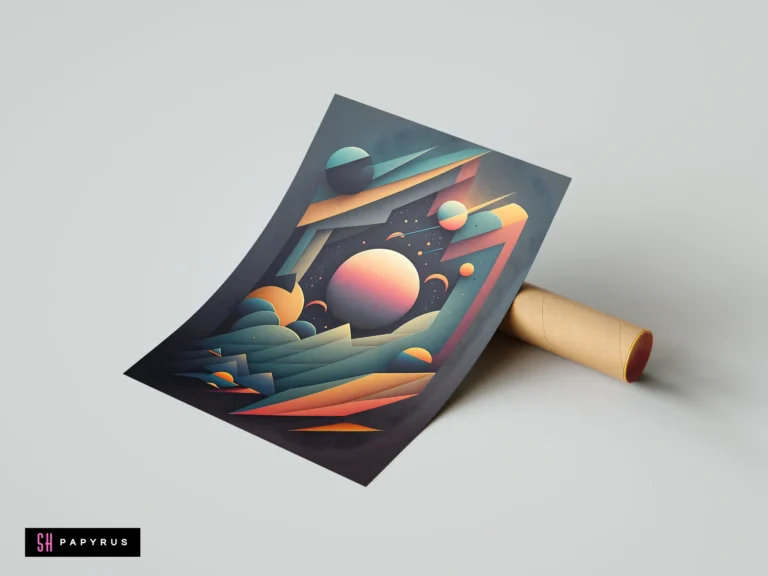 Retro geometric space art featuring 3D planets and abstract shapes in vibrant teal and orange.