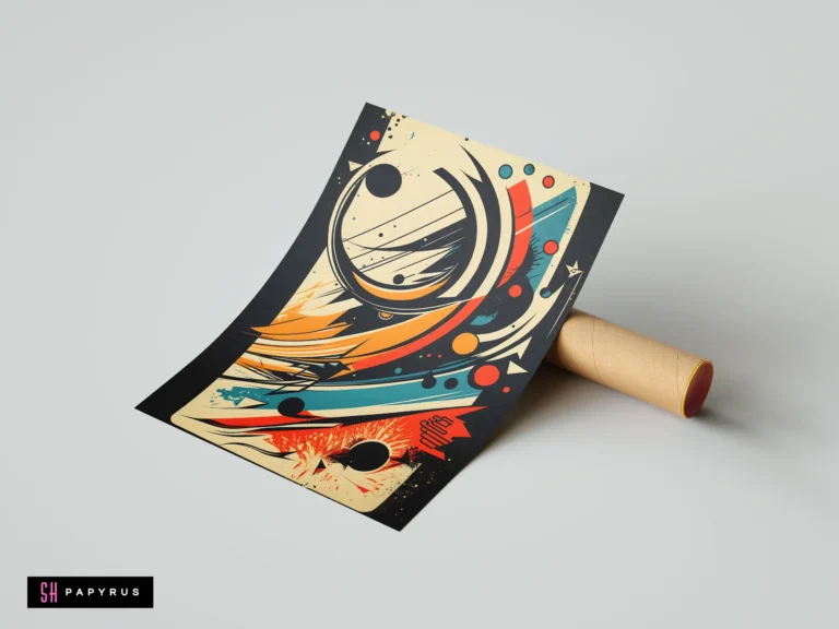 Retro abstract art with bold teal, orange, and red swirling lines and dynamic geometric shapes.