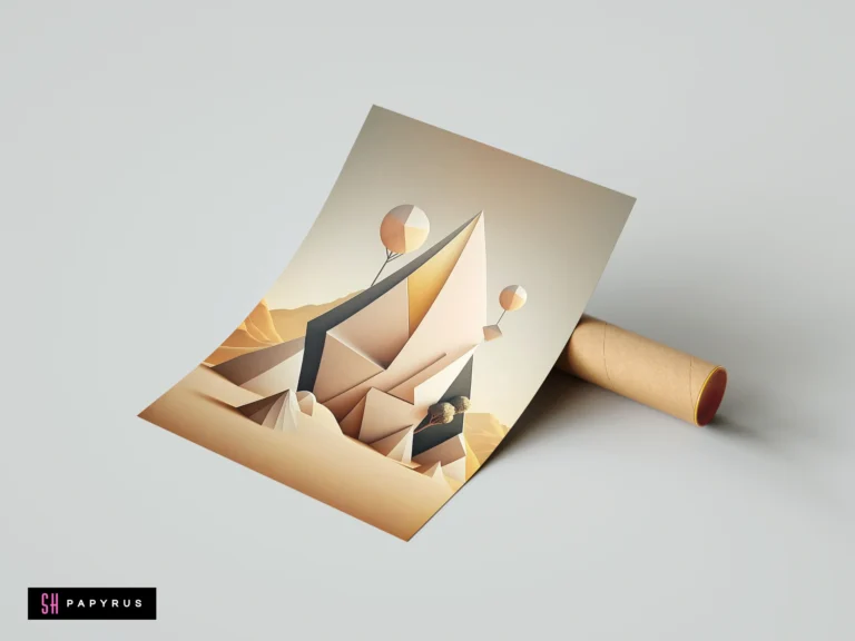 Surreal 3D geometric desert monument featuring sharp beige structures, golden highlights, and abstract minimalist style.