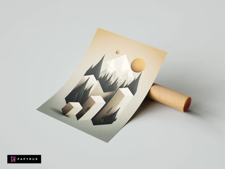 Geometric isometric 3D mountains and forest landscape in muted beige, grey, and gold tones.