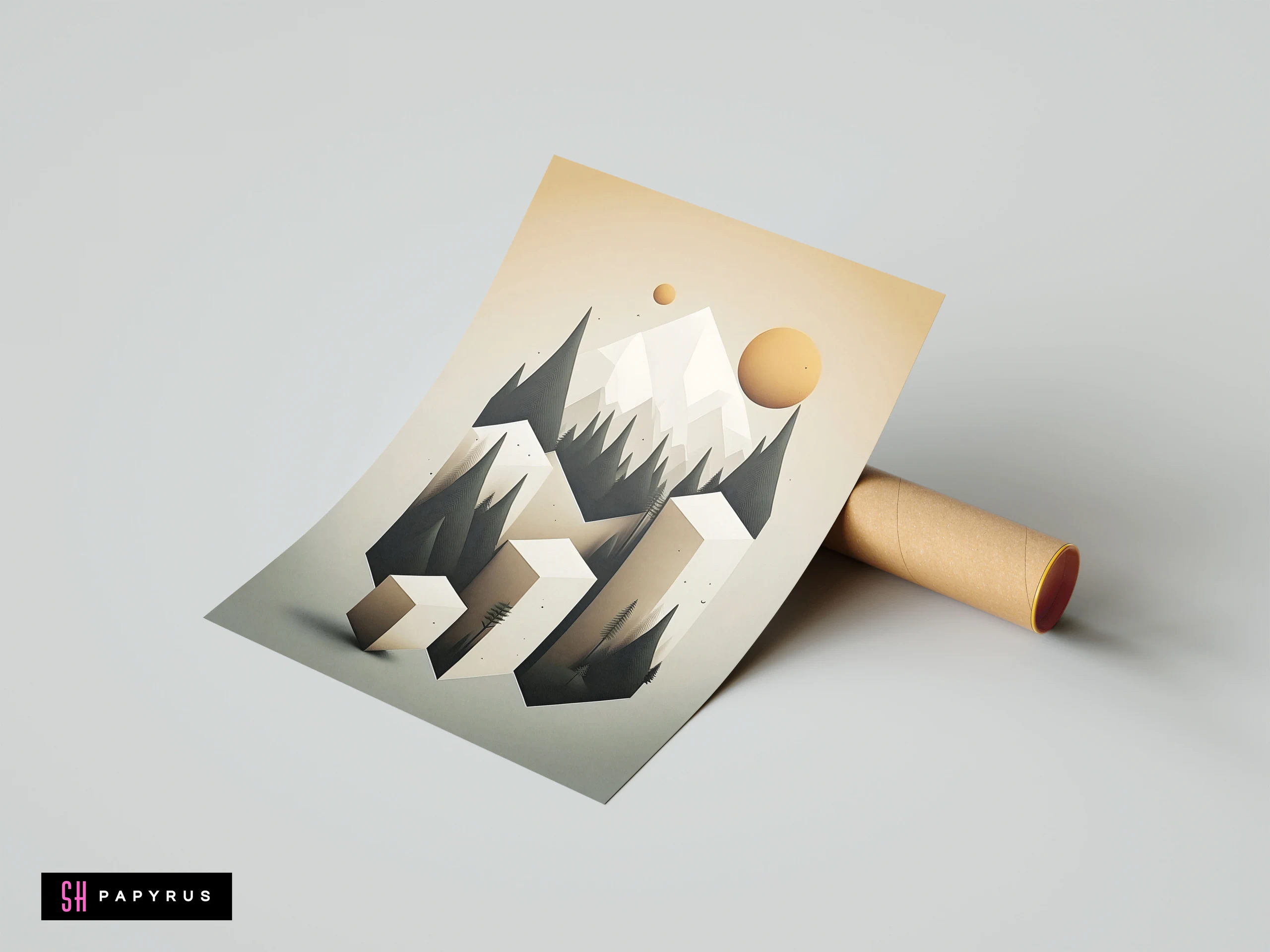 Geometric isometric 3D mountains and forest landscape in muted beige, grey, and gold tones.