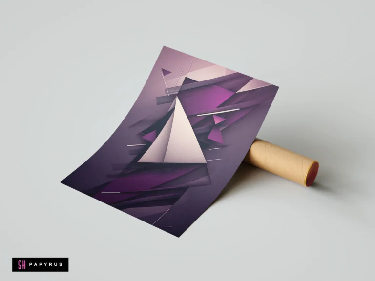 Abstract 3D origami art featuring sharp purple and white angular geometric shapes with layered depth.