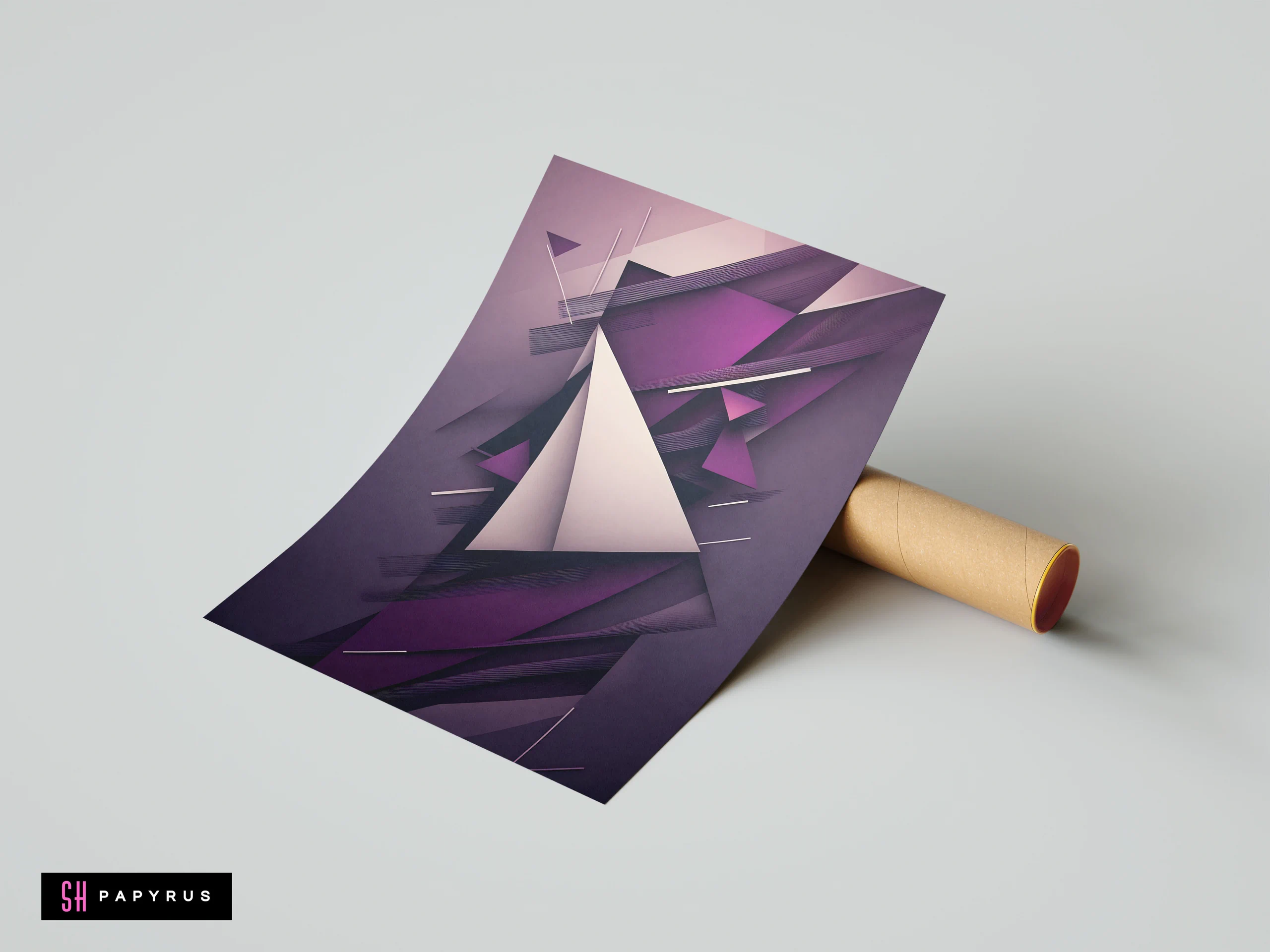 Abstract 3D origami art featuring sharp purple and white angular geometric shapes with layered depth.