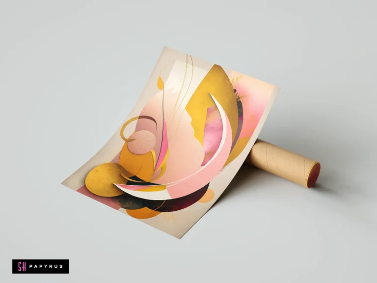 Abstract poster featuring layered organic curves in soft pastel pink, gold, and cream tones.
