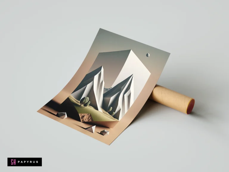 Surreal 3D geometric mountain landscape art print in neutral earth tones with abstract boxy elements.
