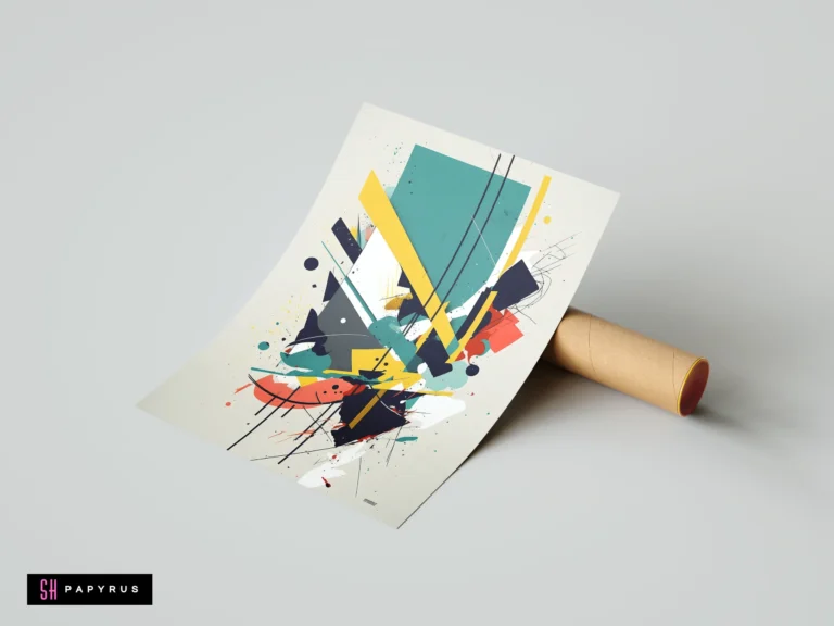 Abstract geometric composition with vibrant teal, yellow, and orange shapes and chaotic paint splatters.