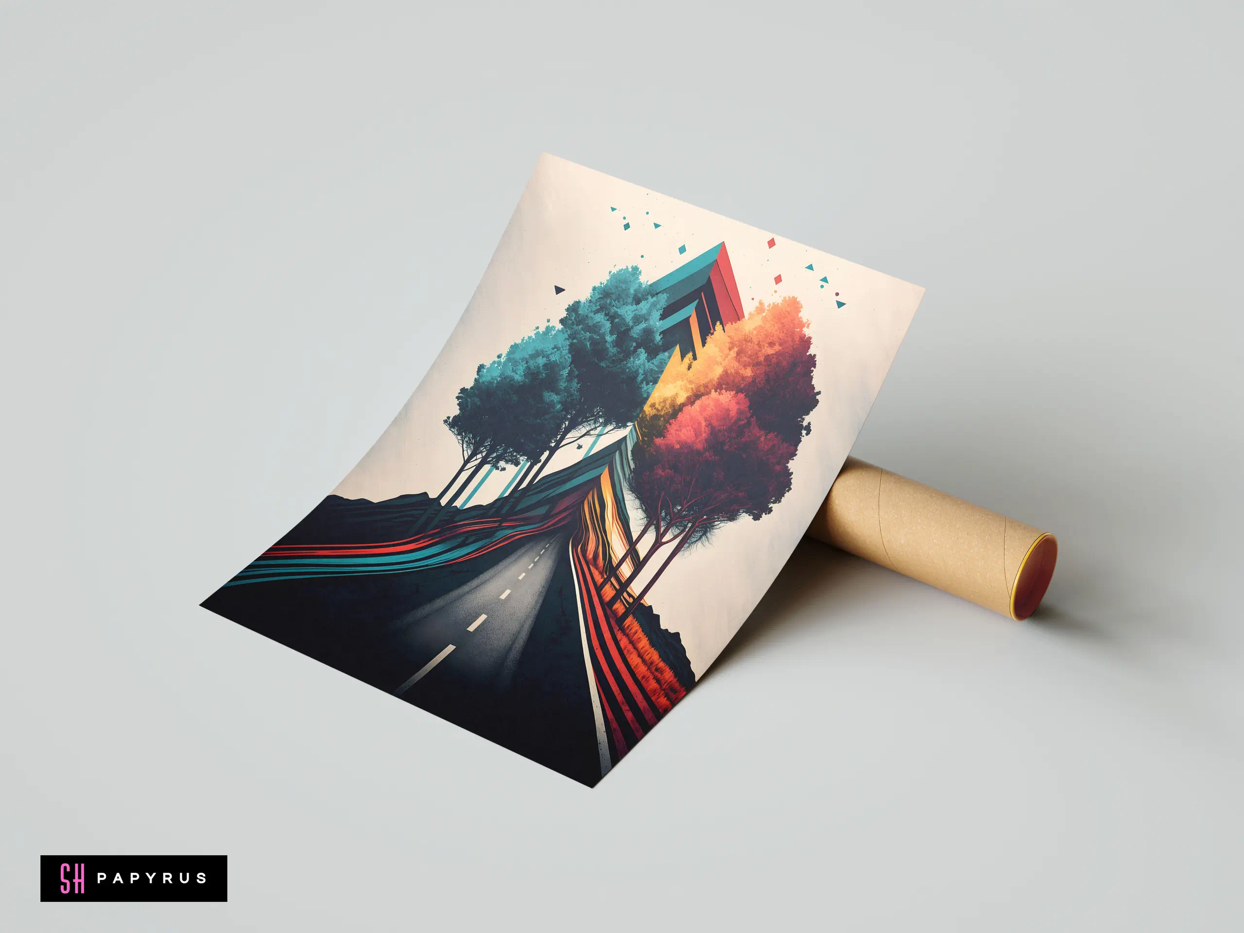 Abstract geometric landscape print featuring a road between teal and orange seasonal trees.